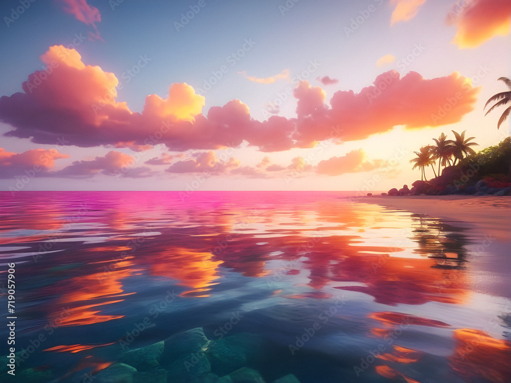 Coastal Kaleidoscope: A Mesmerizing Sunset Paints the Horizon with Vibrant Shades of Pink and Orange. generative AI