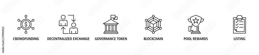 Ido banner web icon set vector illustration concept of initial dex offering with icon of crowdfunding, decentralized exchange, governance token, blockchain, smart contract and listing Ido banner web icon set vector illustration concept of initial dex offering with icon of crowdfunding, decentralized exchange, governance token, blockchain, smart contract and listing
