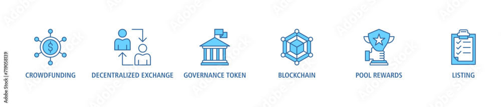 Ido banner web icon set vector illustration concept of initial dex offering with icon of crowdfunding, decentralized exchange, governance token, blockchain, smart contract and listing Ido banner web icon set vector illustration concept of initial dex offering with icon of crowdfunding, decentralized exchange, governance token, blockchain, smart contract and listing
