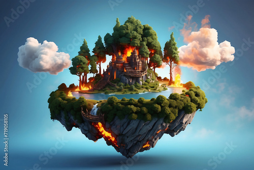 3d floating island on fire and trees