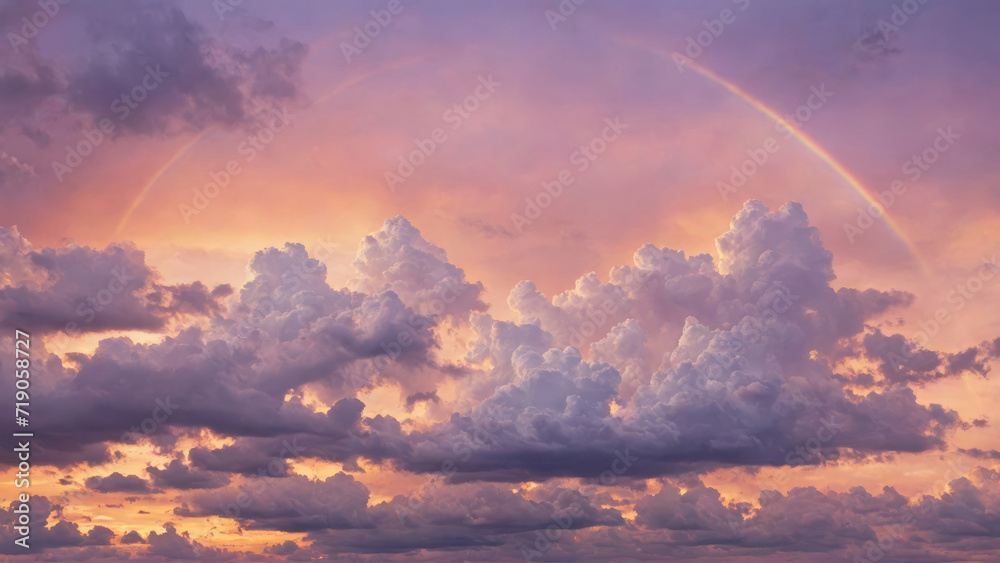 Matte painting capturing the essence of spring with an abstract, cloudy and rainbow-colored sky, and a soft watercolor sunset in orange and purple