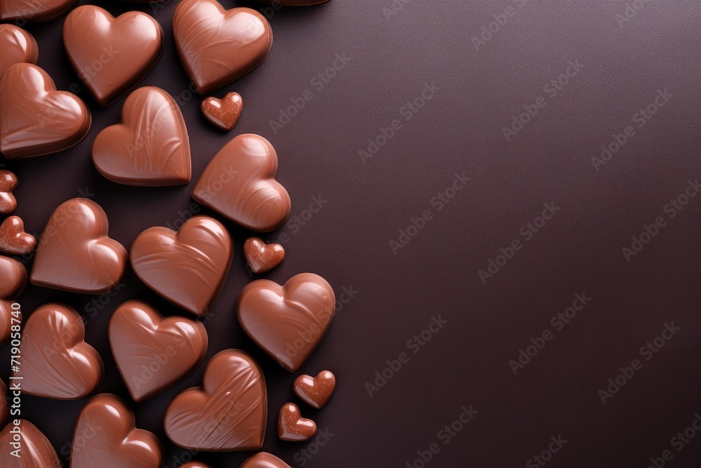 Fototapeta premium Chocolate candies in the shape of hearts with copy space