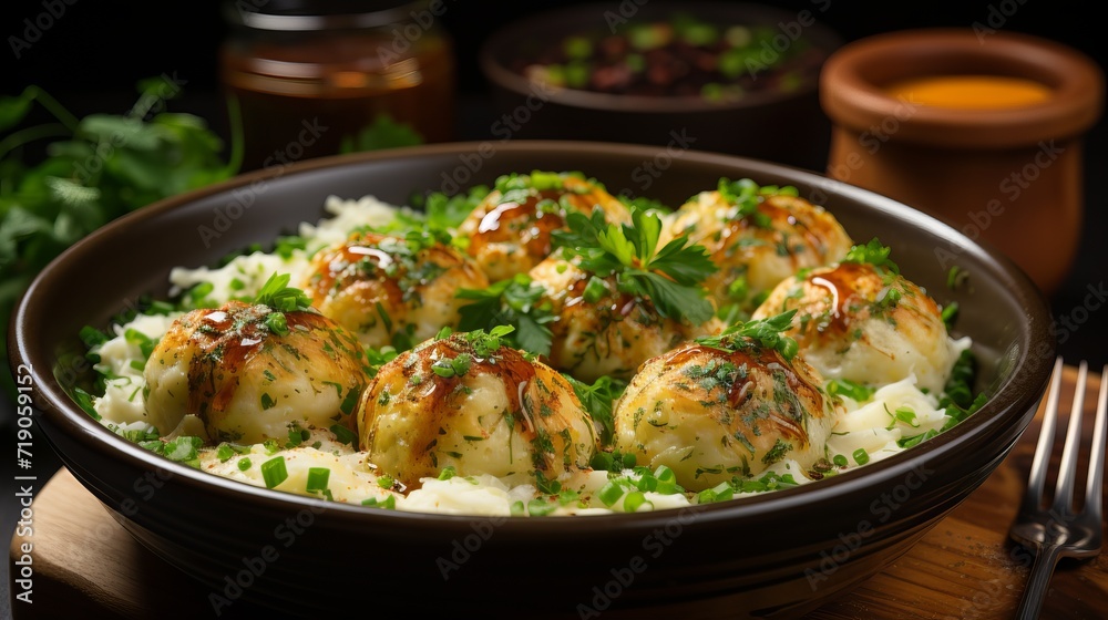 Baked potatoes sprinkled with herbs and cheese in a cast iron frying pan on a dark table concept: cooking food Baked potatoes sprinkled with herbs and cheese in a cast iron frying pan on a dark table concept: cooking food