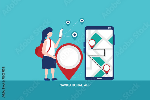 Young Women character holding phone and using a navigational app