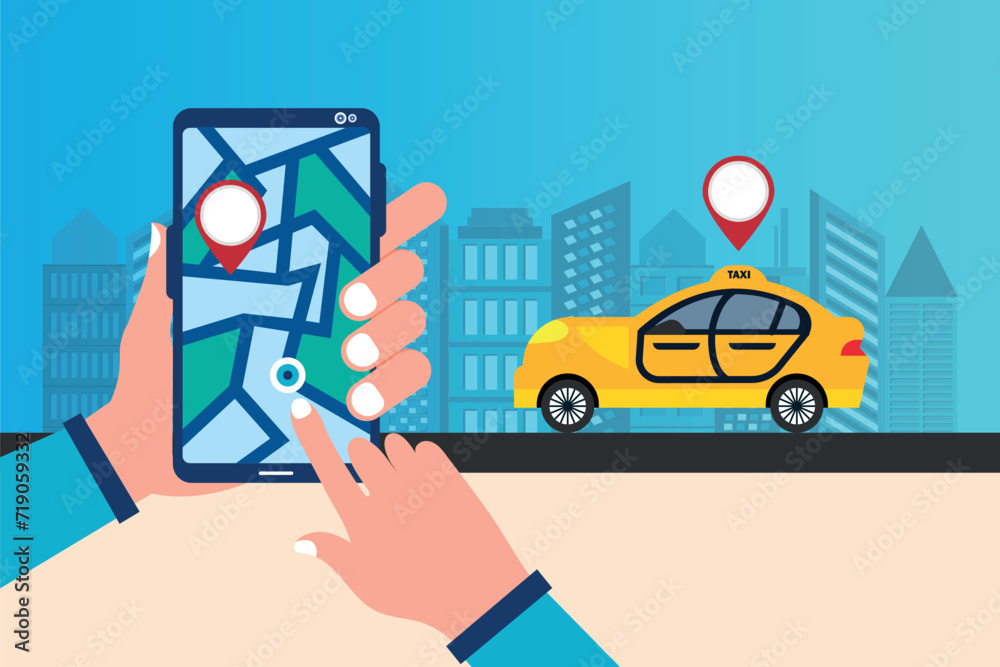 Taxi service. Taxi service application on the screen mobile. Online ordering taxi car. Smartphone screen with route and points location on a city map Taxi service. Taxi service application on the screen mobile. Online ordering taxi car. Smartphone screen with route and points location on a city map