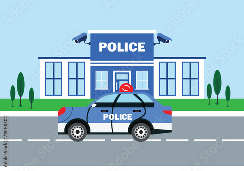 Police station department building in city landscape with police car in flat design concept