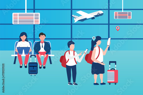 People in airport waiting flight. Men and women sitting and standing in waiting room with lounge