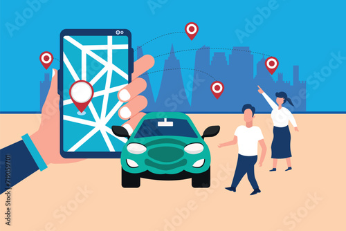 Remote connection to vehicle via mobile app. Smartphone with city map on screen. Wireless connection. Car control. Taxi or car sharing application.