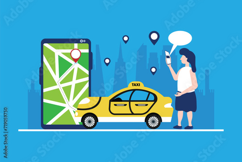 Woman using mobile application for ordering taxi cab or car sharing. Woman near smartphone screen with route and location mark on a city.