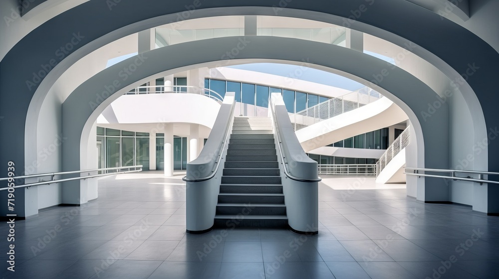 Obraz premium A modern architectural interior with a graceful staircase, arched openings and panoramic windows that fill the space with light. concept: buildings architecture and design