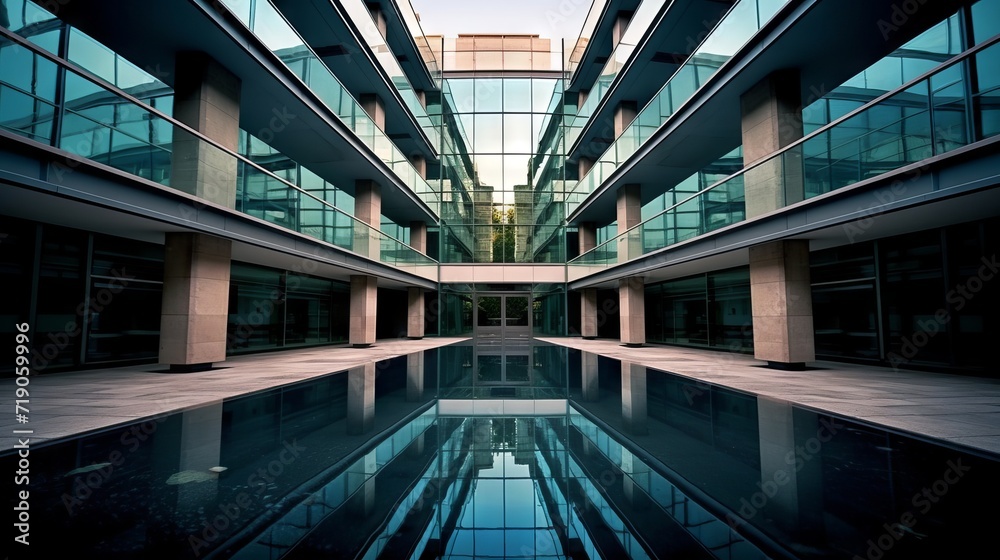 A modern office atrium with a mirrored floor and a transparent roof allowing daylight to be seen through.