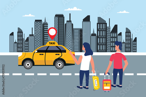 Taxi order or ride hailing app with location marker as two tourists with luggage wait for a yellow taxi cab in a city street