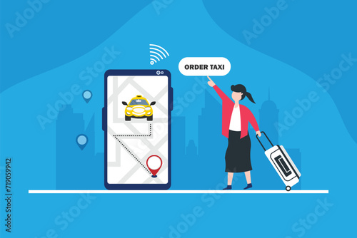 Taxi service app woman using smartphone to order taxi cab