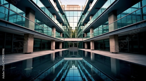 A modern office atrium with a mirrored floor and a transparent roof allowing daylight to be seen through. © Kostya