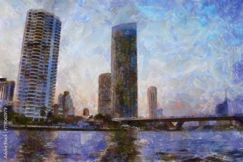 Landscape of the city along the big river Illustrations in chalk crayon colored pencils impressionist style paintings.