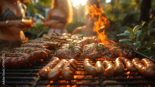 Barbecue with sausages and family in the garden