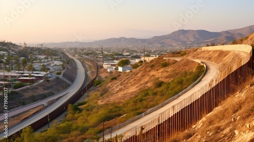 A border with a metal fence stretching across a desert landscape separates two hills with settlements at sunset concept: border between two countries, migrants refugees