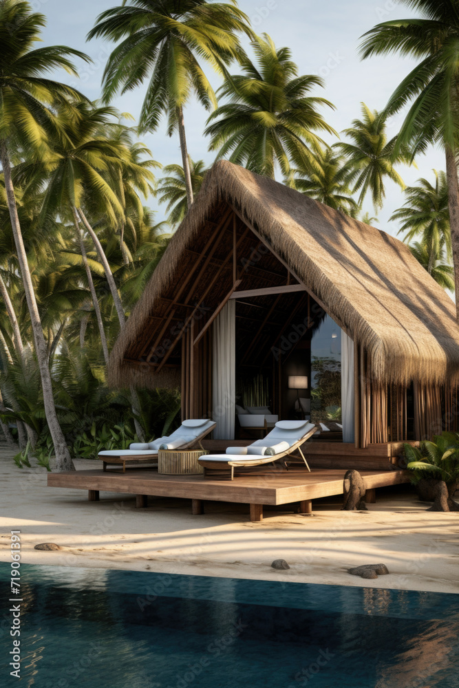 Tropical bungalow on the amazing beach with a palm tree