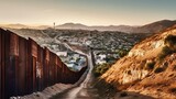 A border with a metal fence stretching across a desert landscape separates two hills with settlements at sunset concept: border between two countries, migrants refugees