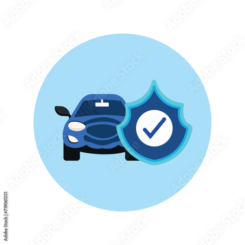 Car with shield. Car insurance. Insurance policy. Auto safety concept. Car insurance service, protection property. Shield with check mark