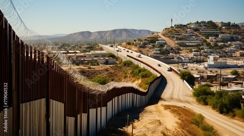 A border with a metal fence stretching across a desert landscape separates two hills with settlements at sunset concept: border between two countries, migrants refugees photo