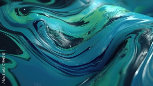 The close up of a glossy liquid surface abstract in cool blue and green colors with a soft focus. 3D illustration of exuberant. generative AI