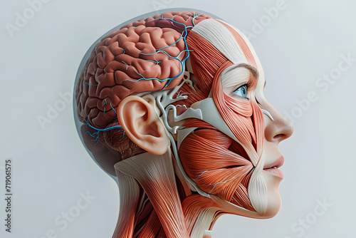 SIde view woman closeup face. Human anatomy, skin and muscles