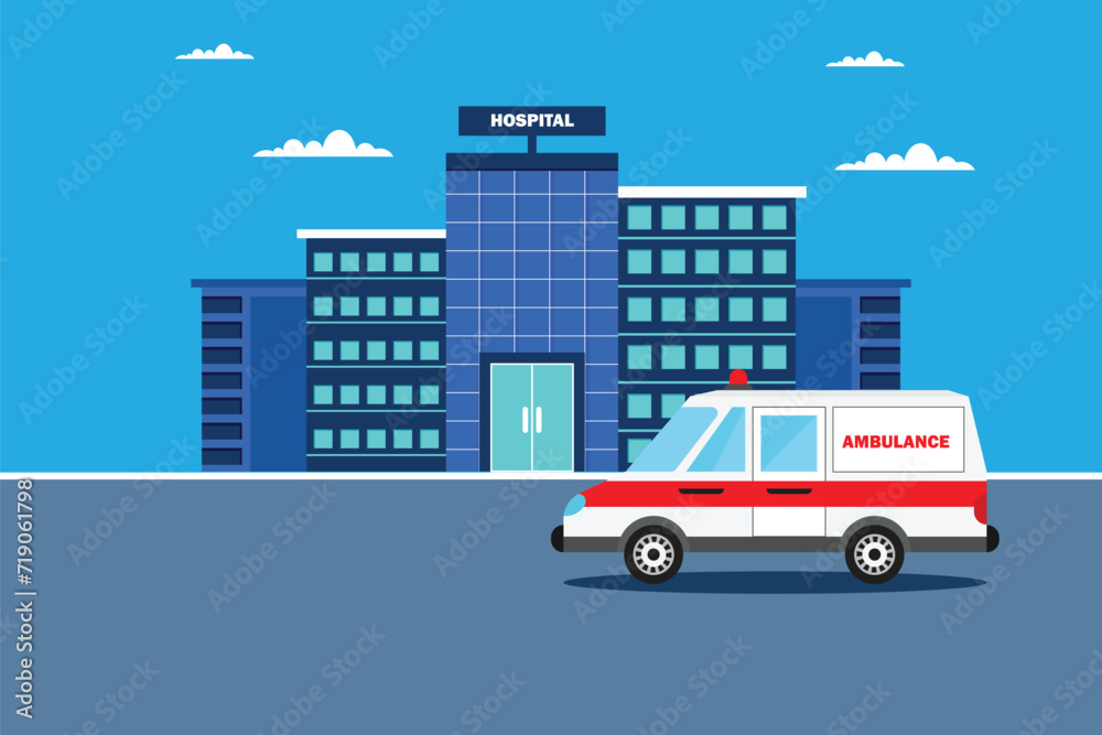 Medical hospital building exterior with city landscape and ambulance car