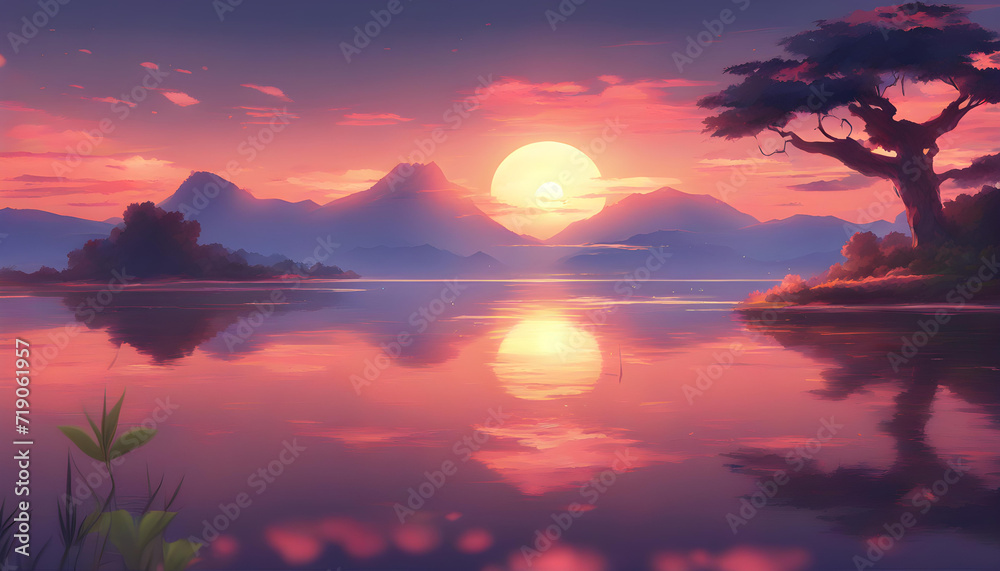 beautiful anime landscape sunset scenery digital art, painting.