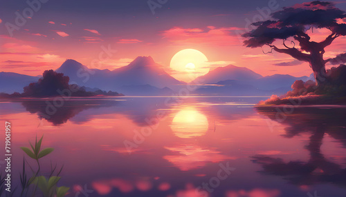 beautiful anime landscape sunset scenery digital art, painting.