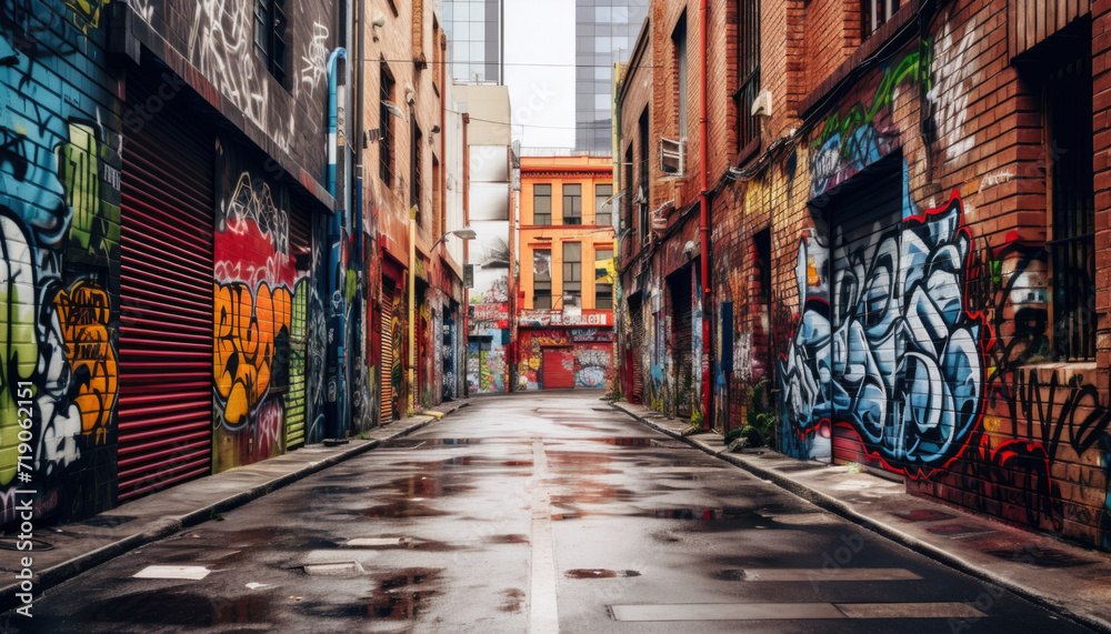 Narrow street in the city, full of colorful painted murals and graffiti Narrow street in the city, full of colorful painted murals and graffiti