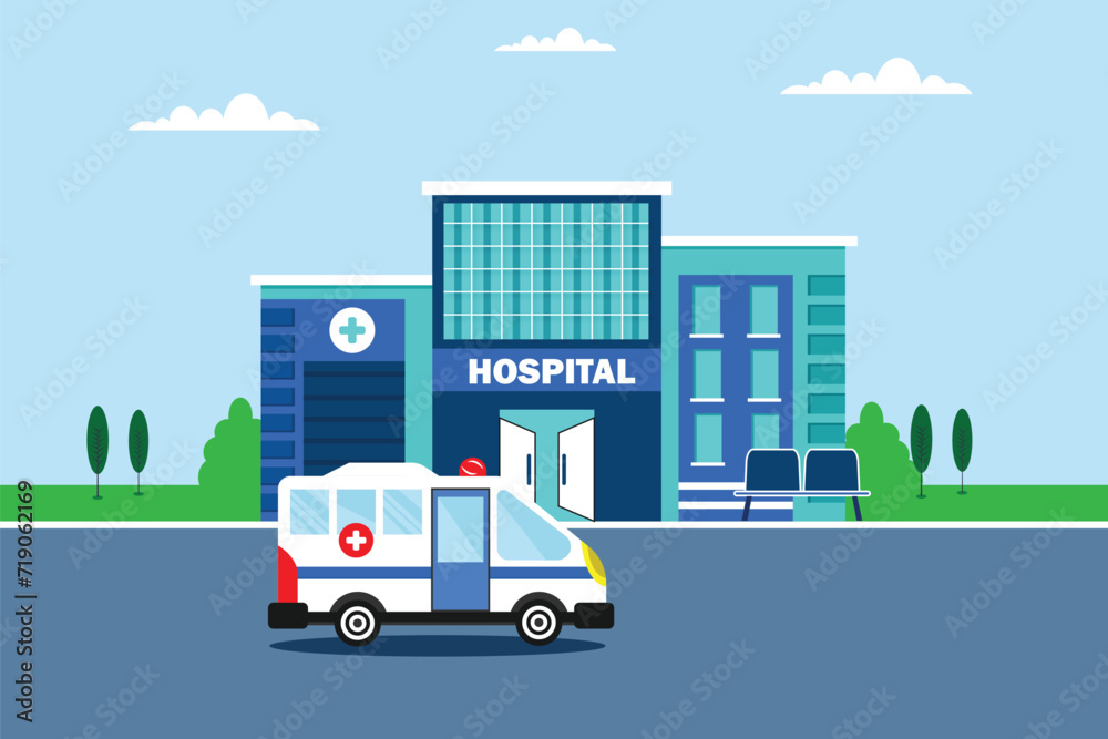 Medical concept with hospital building in flat style. City background with hospital building, ambulance car