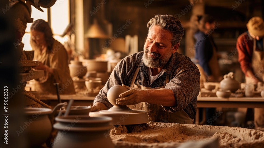 Potter at work: throwing the potter's wheel and shaping ceramic vessel and clay ware: pot, jar in pottery workshop. Experienced master Potter at work: throwing the potter's wheel and shaping ceramic vessel and clay ware: pot, jar in pottery workshop. Experienced master