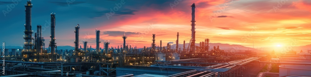 Oil and natural gas refinery with storage tanks, oil production facilities or petrochemical plant infrastructure and oil demand price graph is a wide sign.