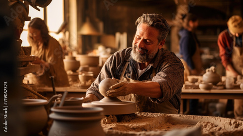 Potter at work: throwing the potter's wheel and shaping ceramic vessel and clay ware: pot, jar in pottery workshop. Experienced master