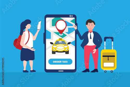 Online taxi ordering concept. Young man standing with suitcase, ordering taxi or renting car online with smartphone app service