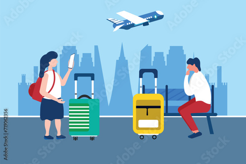 Airport travel terminal passenger waiting lounge concept. Vector flat graphic design