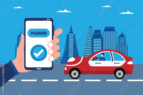 Man getting a driving test on the road at the driving school. Driving school vector concept