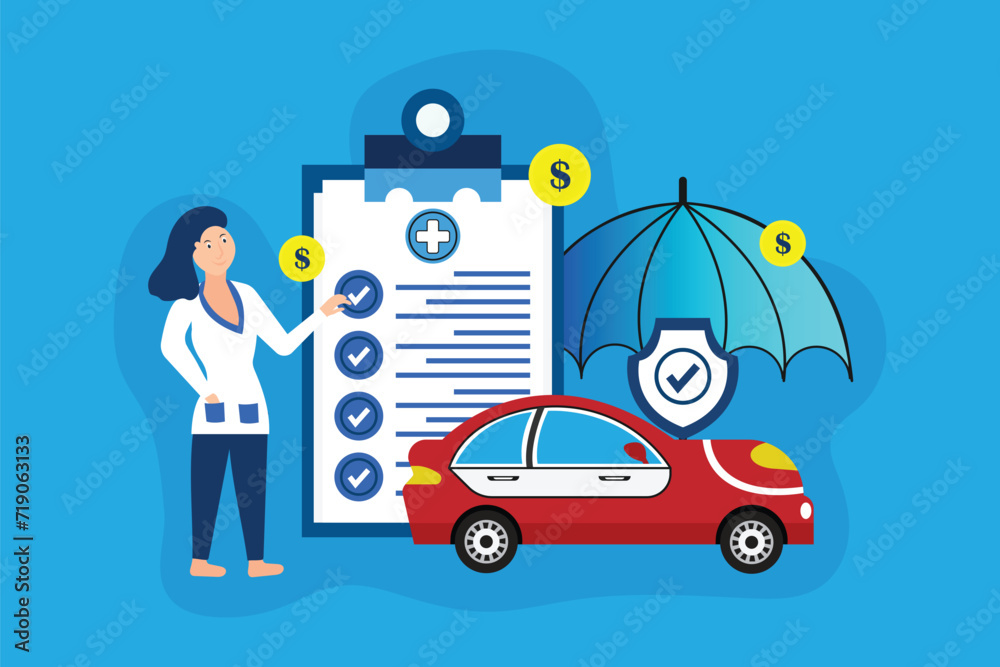 Car insurance policy form with shield, umbrella. Insurance agent or salesman providing security document Car insurance policy form with shield, umbrella. Insurance agent or salesman providing security document