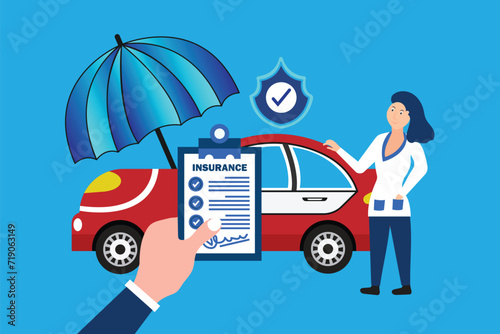 Car insurance policy form with shield, umbrella. Insurance agent or salesman providing security document