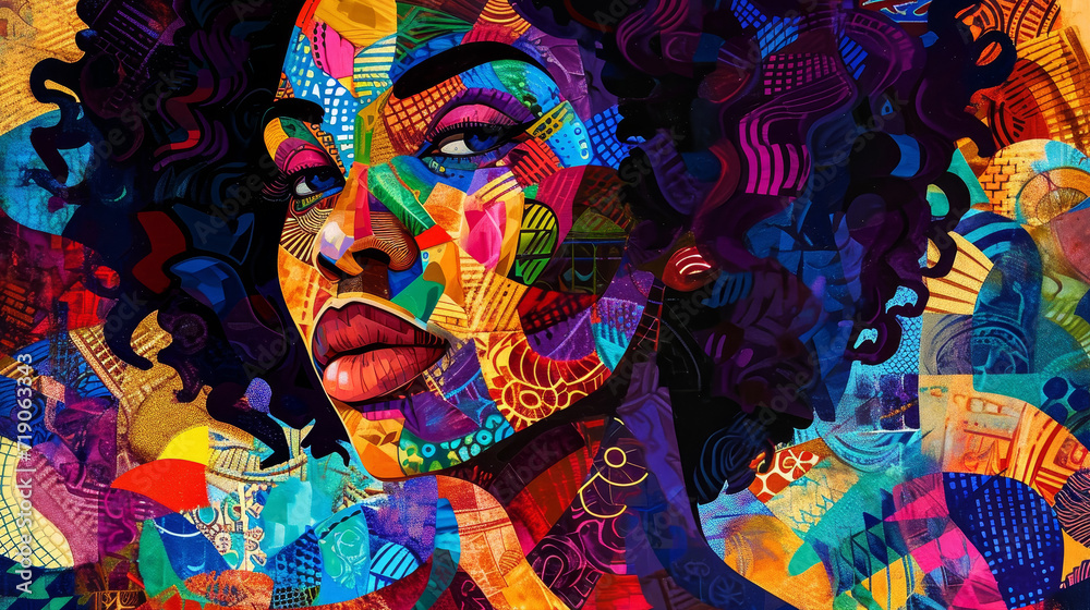 Dynamic digital collage portraying a woman's face with vibrant, abstract, and patterned shapes in a Cuban art-inspired style.