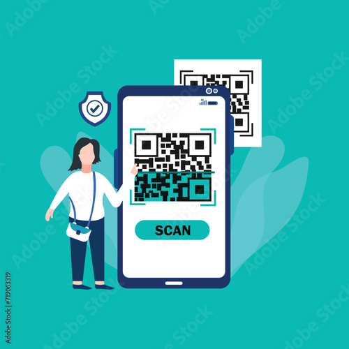 Young Woman standing next to big smartphone with QR code on screen. Girls paying by scanning barcode flat vector illustration.
