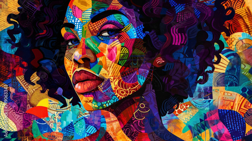 Dynamic digital collage portraying a woman s face with vibrant  abstract  and patterned shapes in a Cuban art-inspired style.