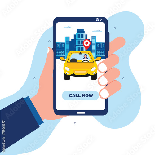 Taxi mobile app template. Smartphone with city yellow car. Online mobile application order taxi service.