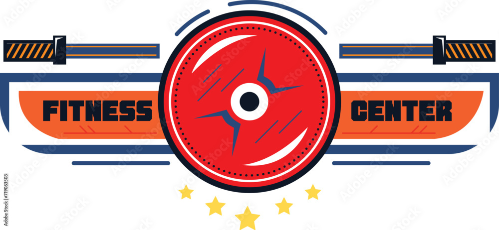 Obraz premium Colorful vector illustration of fitness center logo featuring stylized barbell and stars. Eye-catching gym logo with barbell and vibrant red, blue, orange elements.