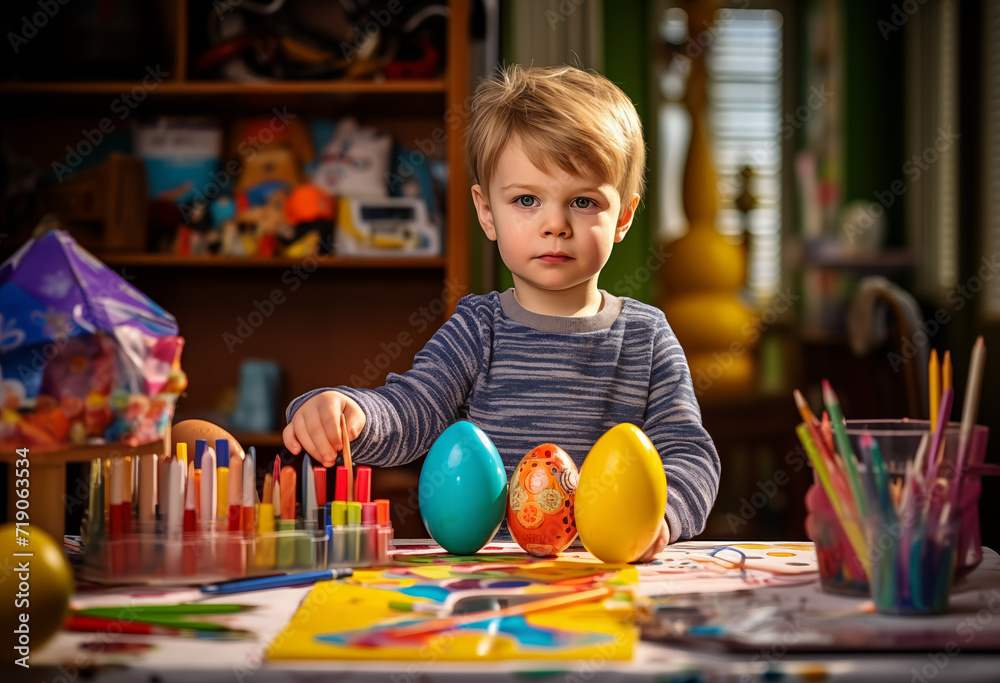 Image of a little boy painting Easter eggs at home
