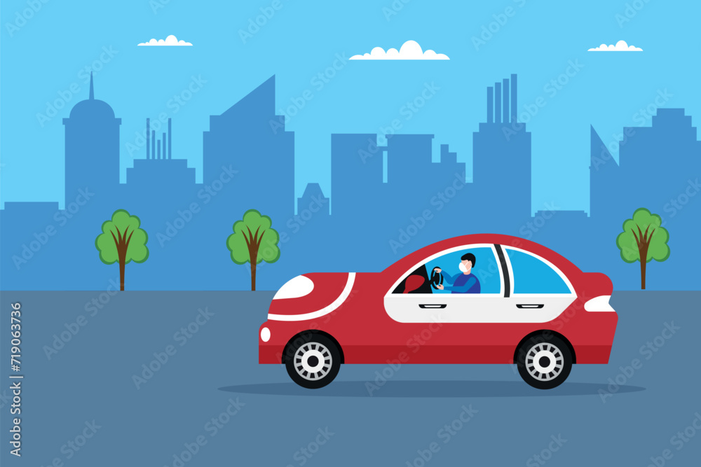 Young man in a medical mask driving on a background of abstract cityscape. Vector flat style
