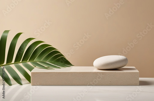 Stone podium. Beige pastel background for cosmetic products. Empty flat showcase display case. Mockup pedestal. Trendy backdrop. Floor platform rock stage, palm leaf. Natural ad show scene with space