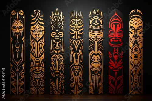 A collection of traditional tribal Polynesian totems with tribal patterns in a multi-colored palette on a dark background.