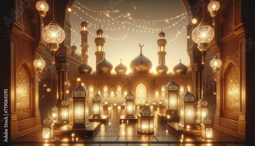 Golden Light Shines from Mosque and Lanterns photo